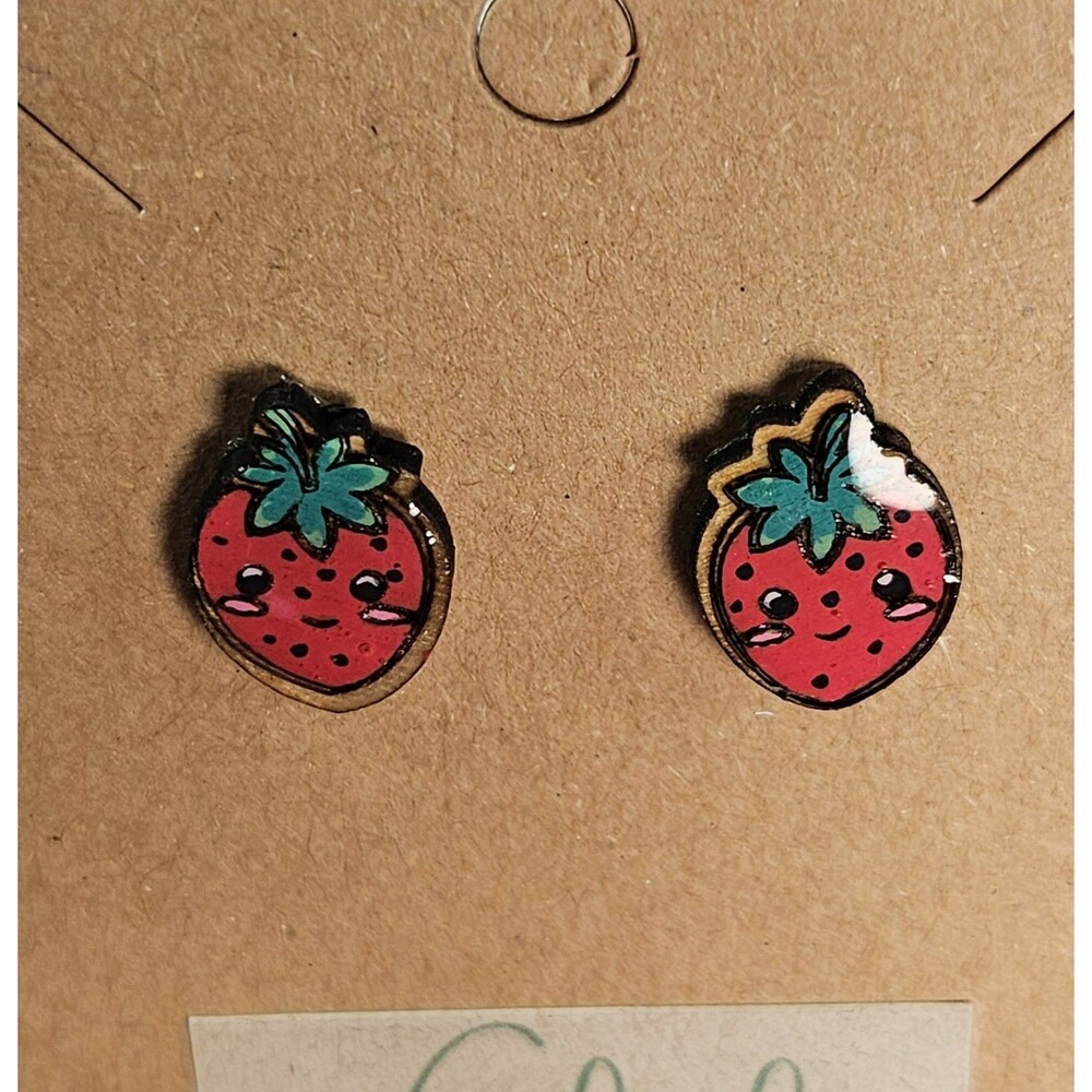 Handmade Wood And Resin Strawberry Earrings Studs Cute Kitschy Kawaii Colorful
